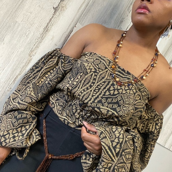 Brown and black ethnic print off the shoulder top - Picture 6 of 7